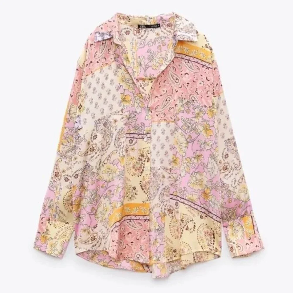 💕ZARA💕 Printed Satin Effect Shirt ~ Pink Multi-Color Paisley Print Medium